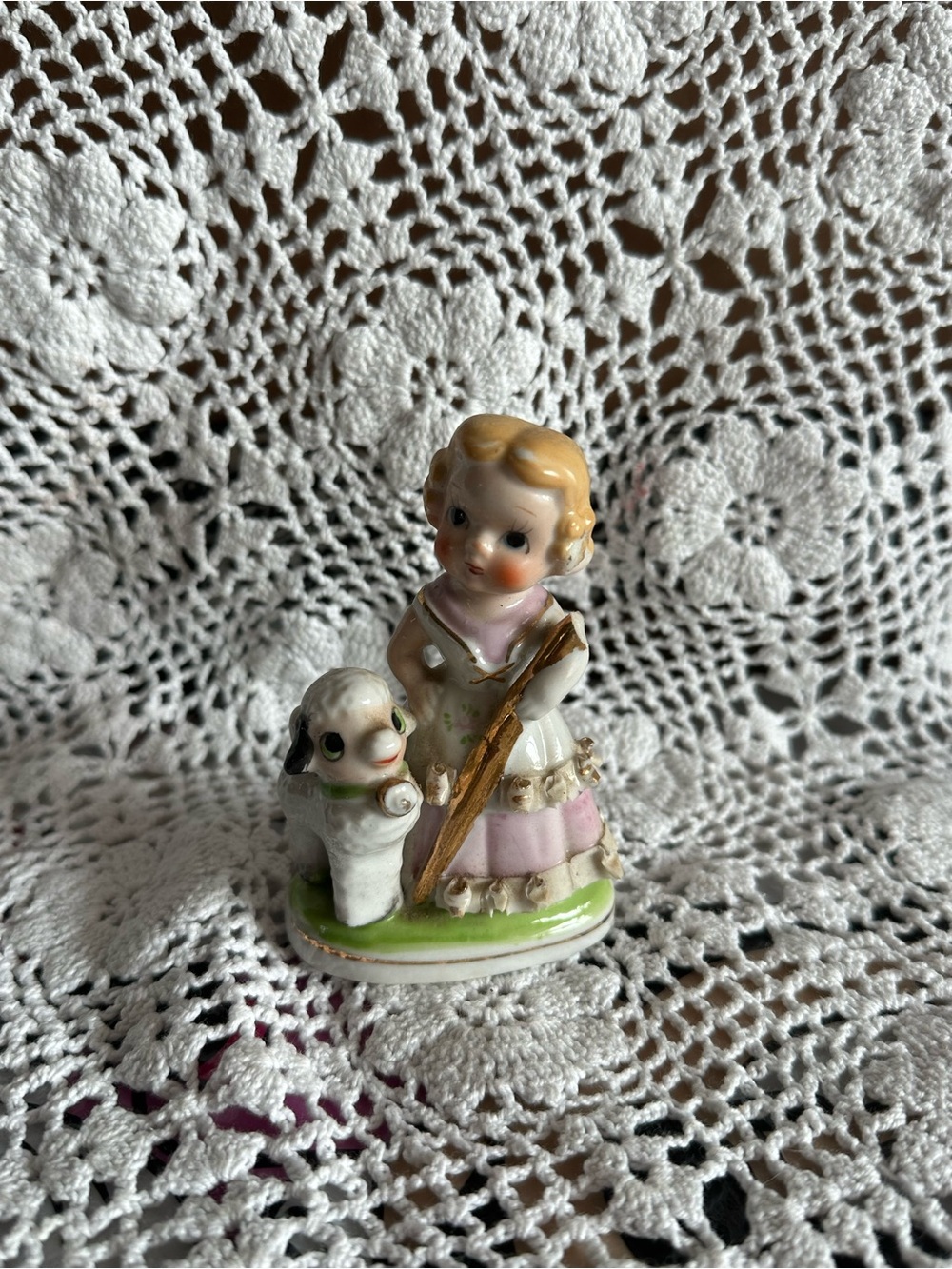 Vintage Occupied Japan Ceramic Figurine Girl with Lamb, Nursey decor